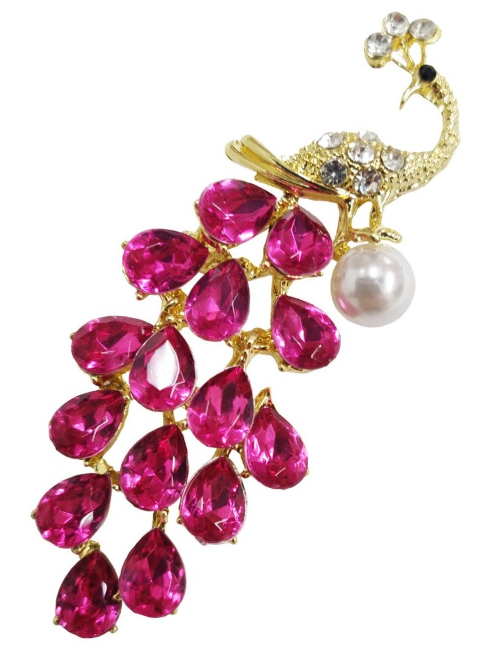 Aratta Anika Peacock Pin With Pink Rhinestones & Faux Pearl Gold-Tone Finish